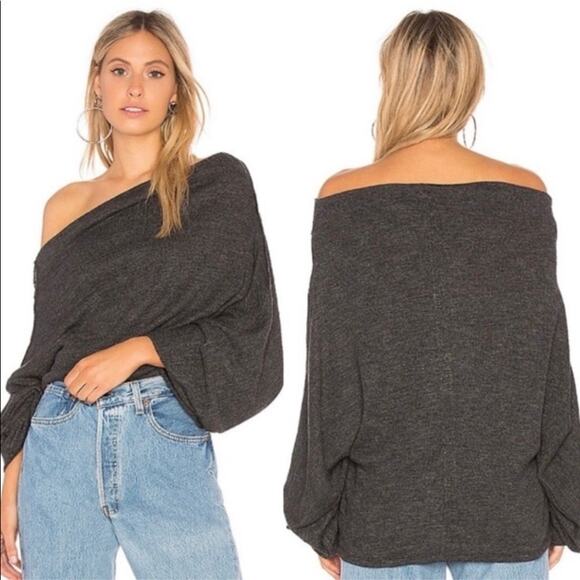 Free People We The Free Sz S Charcoal Skyline Thermal Top Sweater Off-shoulder - Picture 1 of 16